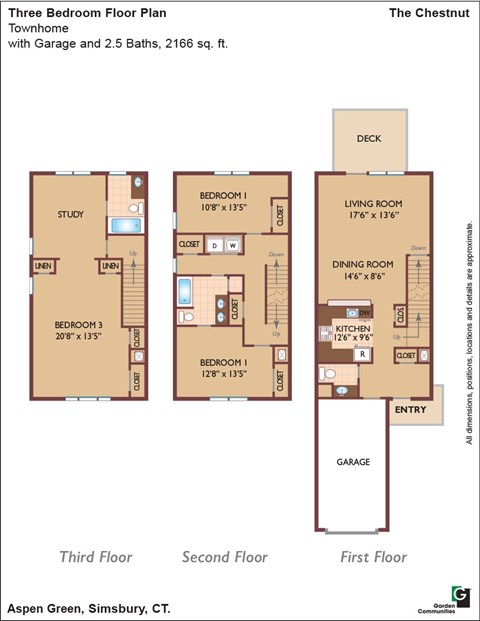 Floor plan for 3 beds, 2.5 baths, 2166 sqft